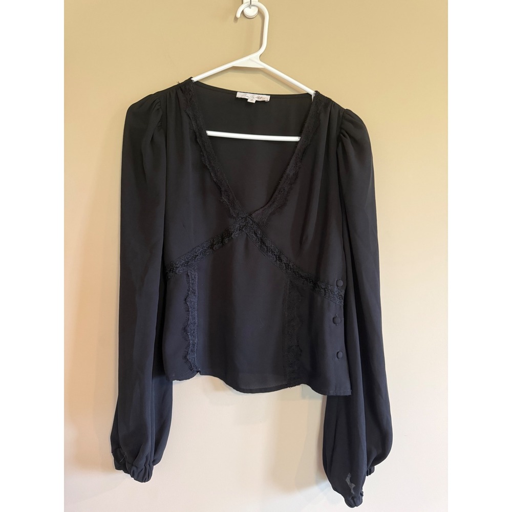 Love Whit by Whitney Port Black Lace‎ Trim V-Neck Puff Sleeve Blouse Small